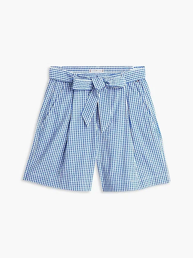 Calções de seersucker xadrez com cinto Calções de seersucker xadrez com cinto