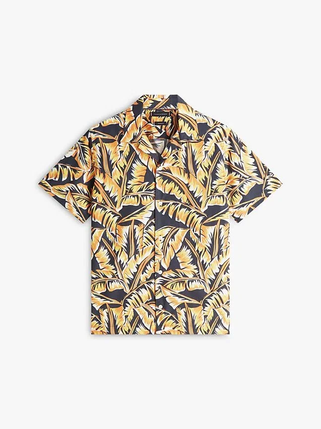 Camisa de acampamento com toque de papel e estampado de folhas de palmeira Camisa de acampamento com toque de papel e estampado de folhas de palmeira