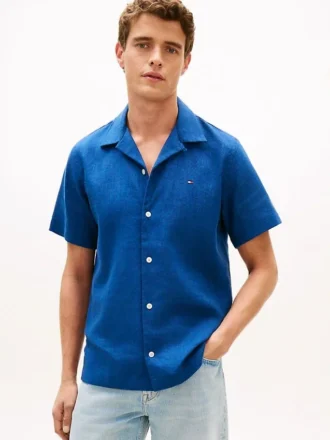 Camisa de acampamento de corte regular em mistura de linho