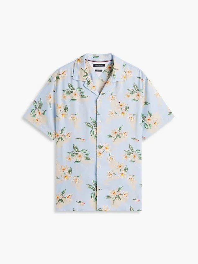 Camisa de acampamento de corte regular em mistura de linho com padrão floral Camisa de acampamento de corte regular em mistura de linho com padrão floral