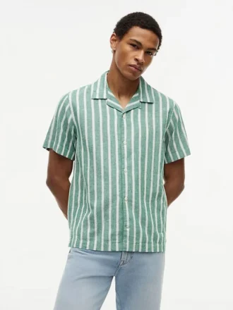 Camisa de acampamento em mistura de algodão e linho às riscas