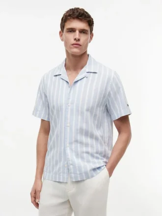 Camisa de acampamento em mistura de algodão e linho às riscas