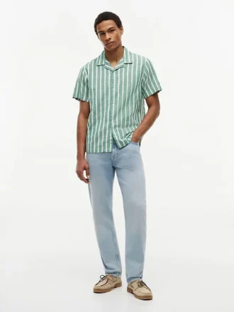 Camisa de acampamento em mistura de algodão e linho às riscas