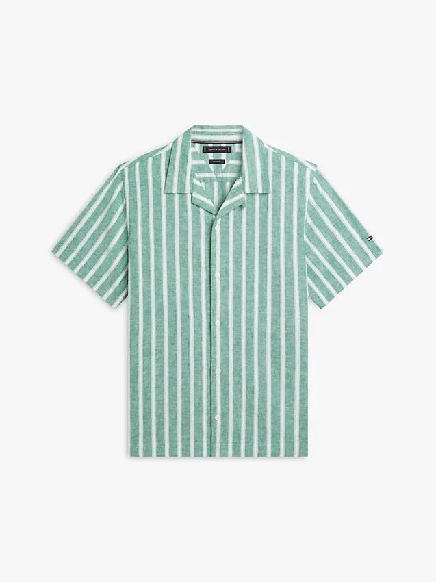 Camisa de acampamento em mistura de algodão e linho às riscas Camisa de acampamento em mistura de algodão e linho às riscas