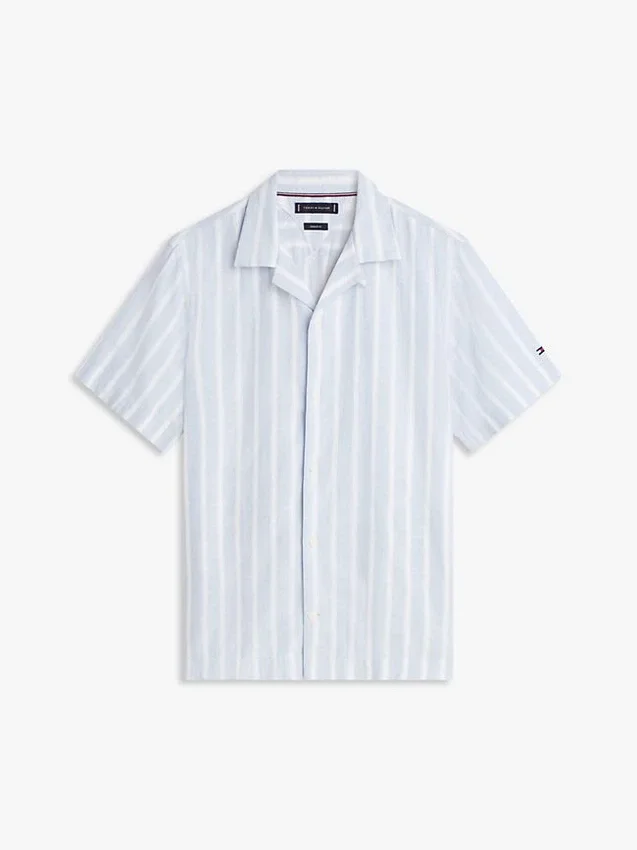 Camisa de acampamento em mistura de algodão e linho às riscas Camisa de acampamento em mistura de algodão e linho às riscas