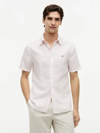 Camisa de algodão e linho às riscas com corte regular