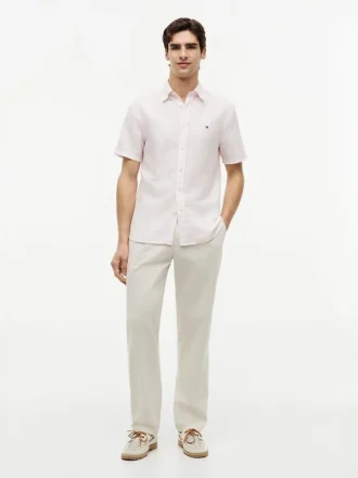 Camisa de algodão e linho às riscas com corte regular