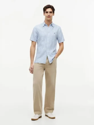 Camisa de algodão e linho às riscas com corte regular
