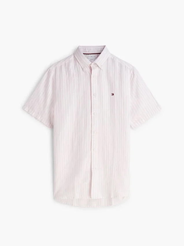 Camisa de algodão e linho às riscas com corte regular Camisa de algodão e linho às riscas com corte regular