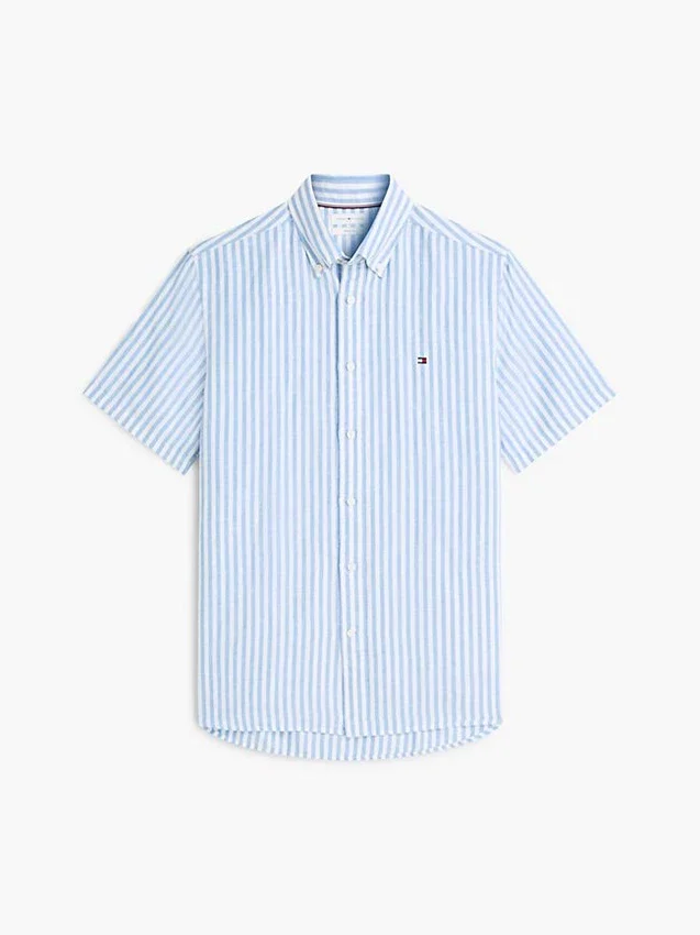Camisa de algodão e linho às riscas com corte regular Camisa de algodão e linho às riscas com corte regular