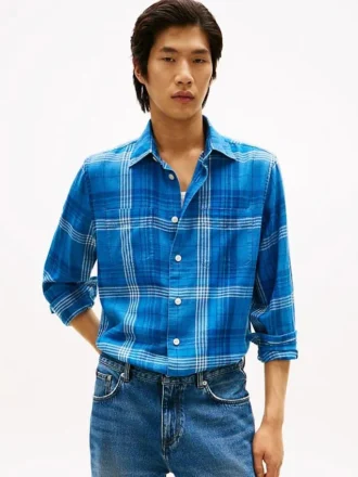 Camisa de algodão slub xadrez com corte descontraído