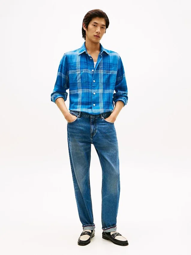 Camisa de algodão slub xadrez com corte descontraído Camisa de algodão slub xadrez com corte descontraído