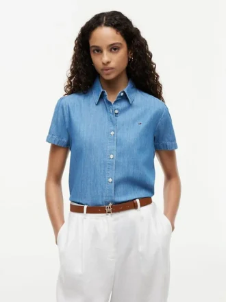 Camisa de chambray com mangas bufantes