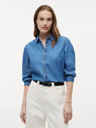 Camisa de chambray com mangas bufantes