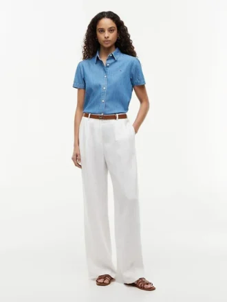 Camisa de chambray com mangas bufantes