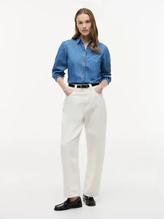 Camisa de chambray com mangas bufantes