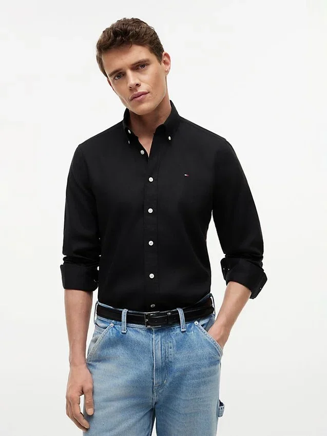 Camisa de corte regular em mistura de linho Camisa de corte regular em mistura de linho