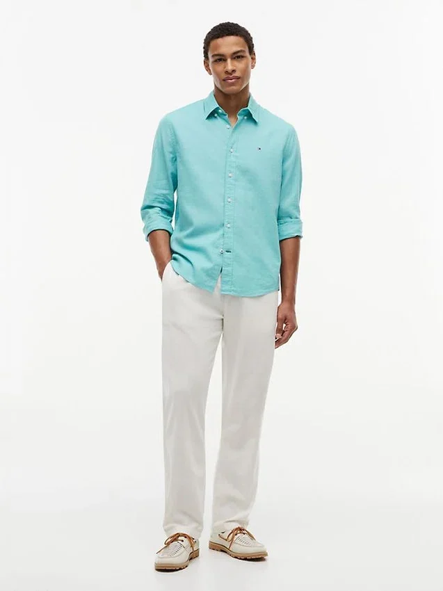 Camisa de corte regular em mistura de linho Camisa de corte regular em mistura de linho
