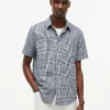Camisa de corte regular em mistura de linho com padrão Glen Plaid Camisa de corte regular em mistura de linho com padrão Glen Plaid