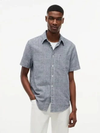 Camisa de corte regular em mistura de linho com padrão Glen Plaid