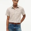 Camisa de corte regular em mistura de linho com padrão Glen Plaid Camisa de corte regular em mistura de linho com padrão Glen Plaid