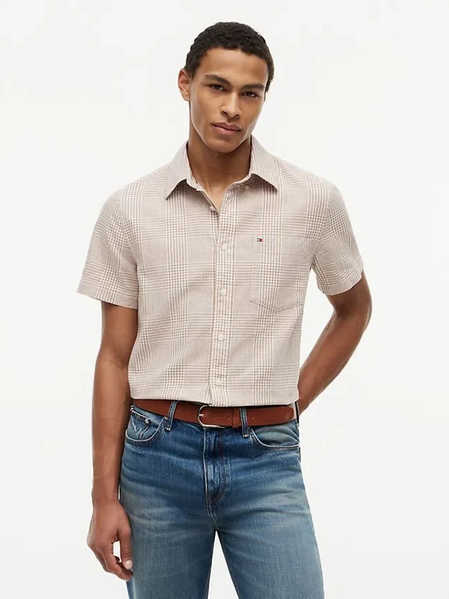 Camisa de corte regular em mistura de linho com padrão Glen Plaid Camisa de corte regular em mistura de linho com padrão Glen Plaid