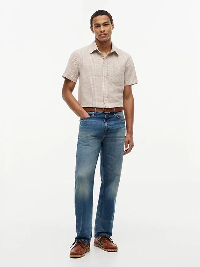Camisa de corte regular em mistura de linho com padrão Glen Plaid Camisa de corte regular em mistura de linho com padrão Glen Plaid