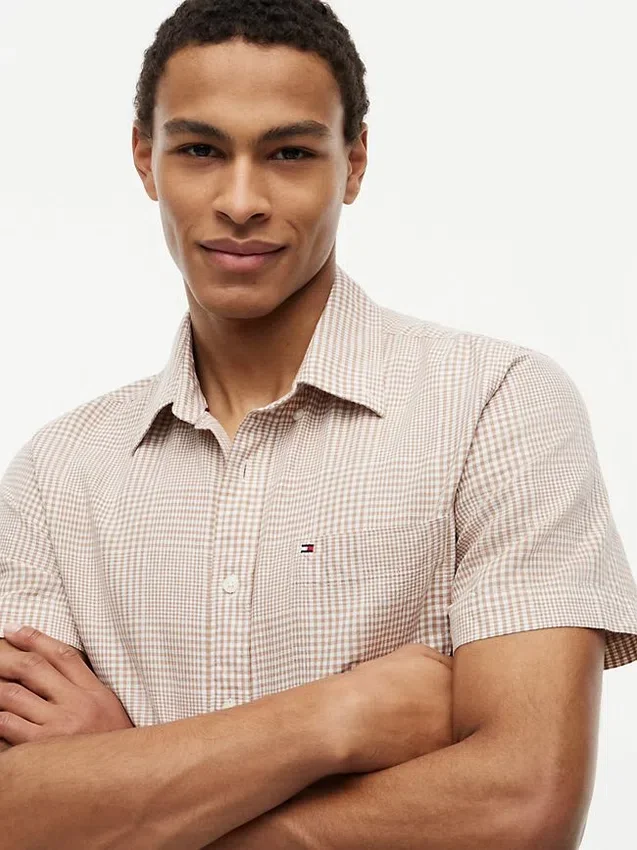 Camisa de corte regular em mistura de linho com padrão Glen Plaid Camisa de corte regular em mistura de linho com padrão Glen Plaid