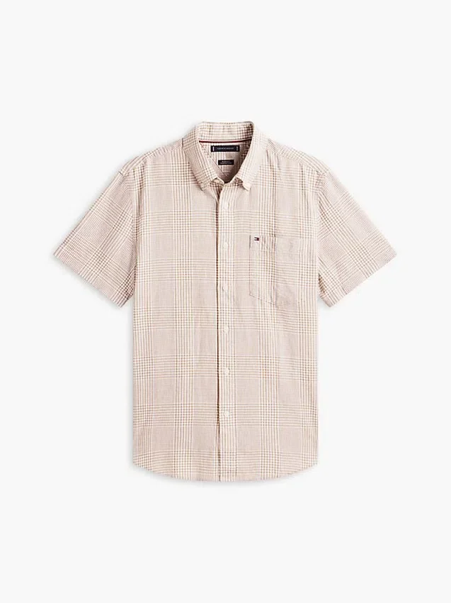 Camisa de corte regular em mistura de linho com padrão Glen Plaid Camisa de corte regular em mistura de linho com padrão Glen Plaid