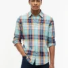 Camisa de corte regular em mistura de linho Madras Camisa de corte regular em mistura de linho Madras