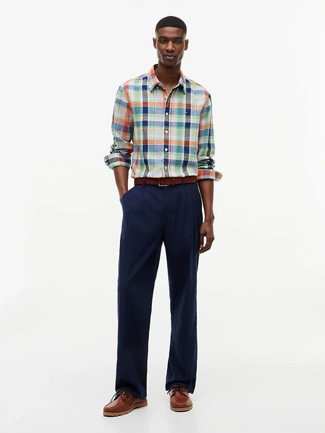 Camisa de corte regular em mistura de linho Madras Camisa de corte regular em mistura de linho Madras