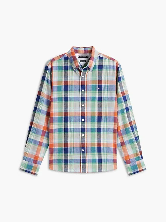 Camisa de corte regular em mistura de linho Madras Camisa de corte regular em mistura de linho Madras