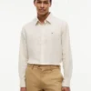 Camisa de corte regular em mistura de linho às riscas Camisa de corte regular em mistura de linho às riscas