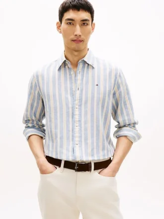 Camisa de corte regular em mistura de linho às riscas