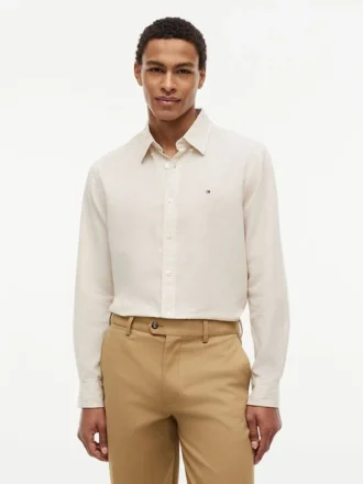 Camisa de corte regular em mistura de linho às riscas Camisa de corte regular em mistura de linho às riscas