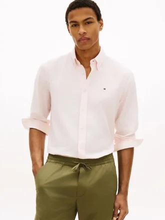 Camisa de corte regular em mistura de linho às riscas
