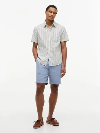 Camisa de corte regular em mistura de linho às riscas Camisa de corte regular em mistura de linho às riscas