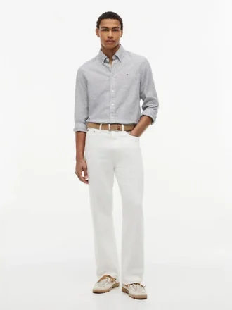 Camisa de corte regular em mistura de linho às riscas