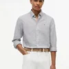 Camisa de corte regular em mistura de linho às riscas Camisa de corte regular em mistura de linho às riscas