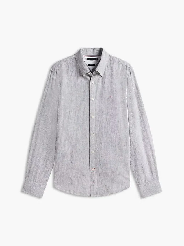 Camisa de corte regular em mistura de linho às riscas Camisa de corte regular em mistura de linho às riscas