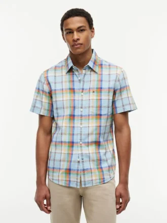 Camisa de corte regular em mistura de linho xadrez