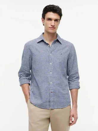 Camisa de corte regular em mistura de linho xadrez