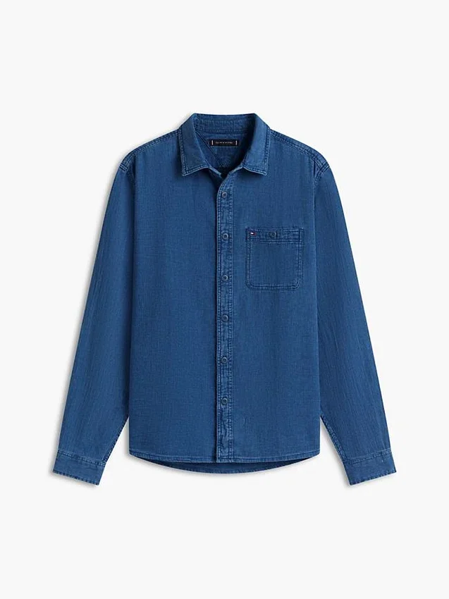 Camisa de ganga com padrão waffle tingida a índigo Camisa de ganga com padrão waffle tingida a índigo