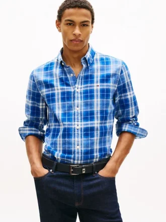 Camisa de ganga com padrão xadrez e corte regular
