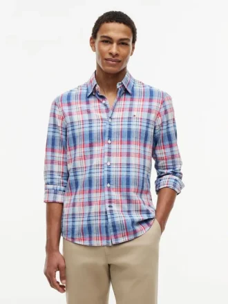 Camisa de ganga com padrão xadrez e corte regular