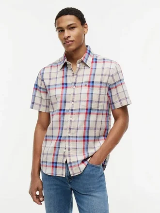 Camisa de ganga com padrão xadrez e corte regular