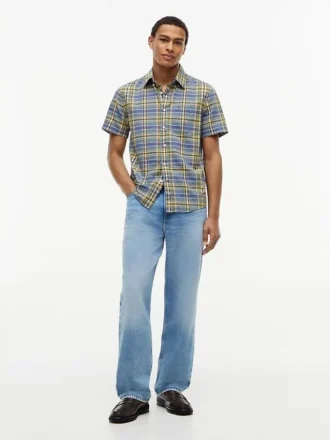 Camisa de ganga com padrão xadrez e corte regular