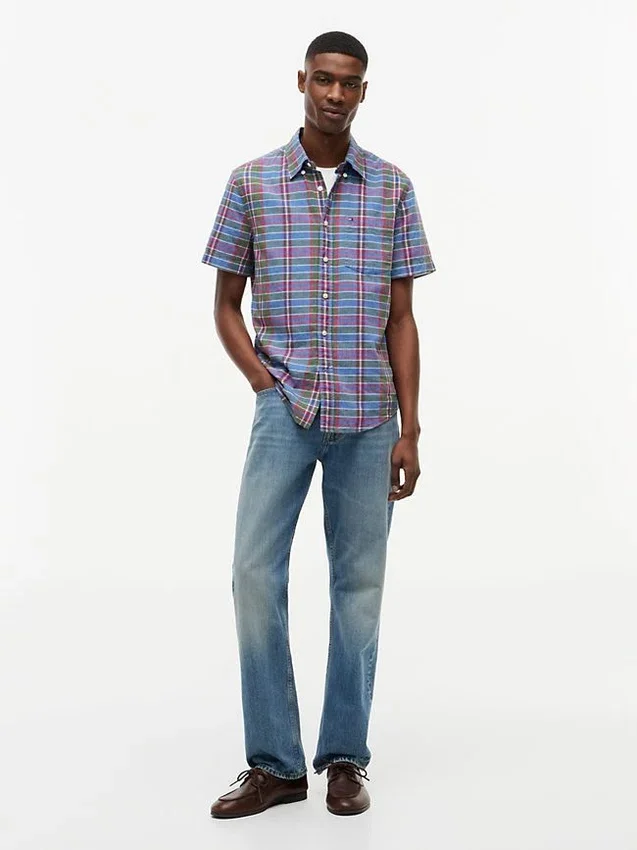 Camisa de ganga com padrão xadrez e corte regular Camisa de ganga com padrão xadrez e corte regular