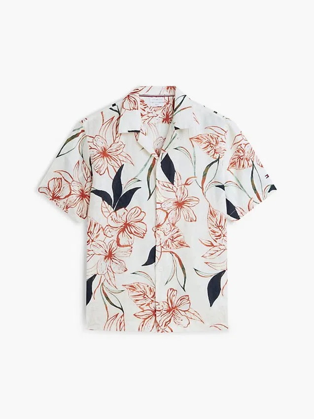Camisa de linho com padrão floral e corte regular Camisa de linho com padrão floral e corte regular