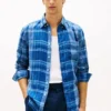Camisa de linho com padrão Madras de corte regular Camisa de linho com padrão Madras de corte regular